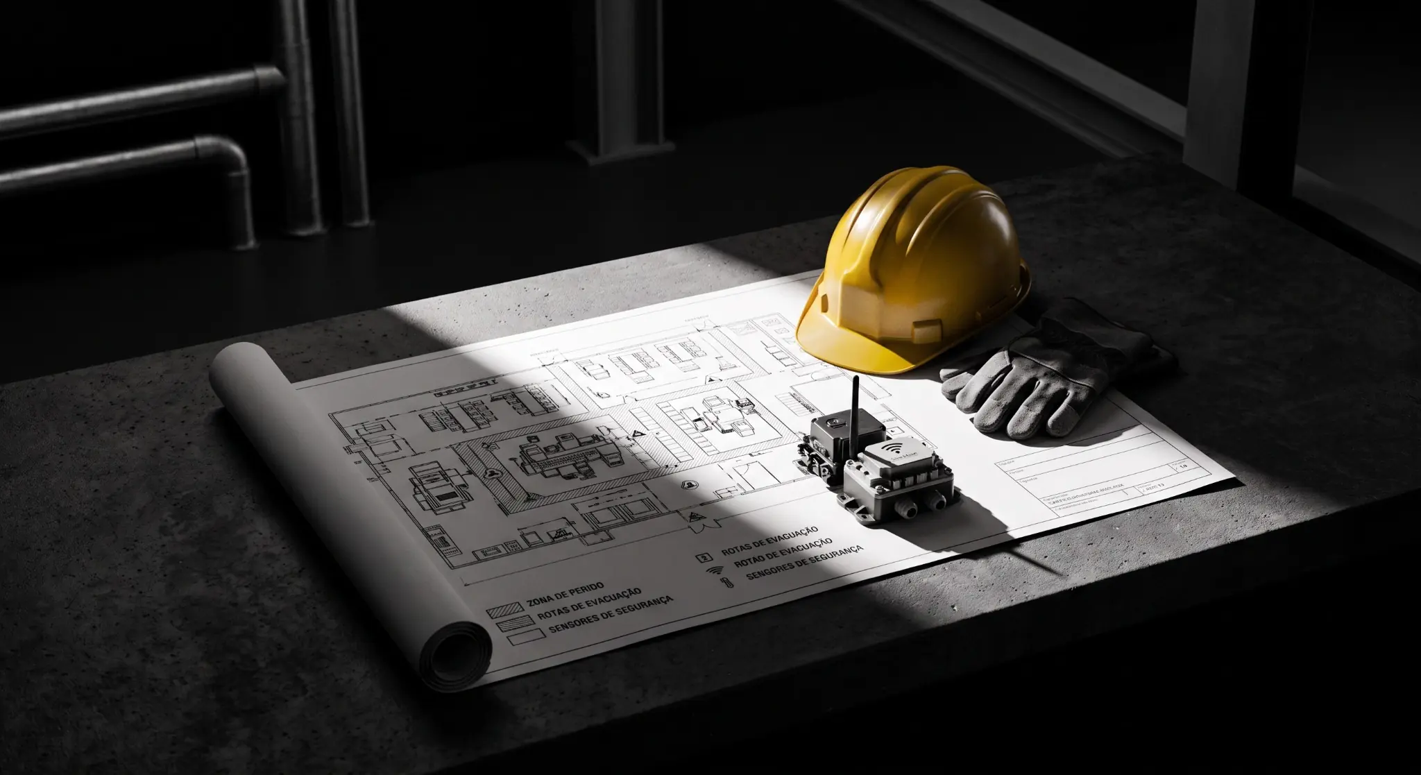 Planta industrial, capacete e componentes de segurança sobre mesa